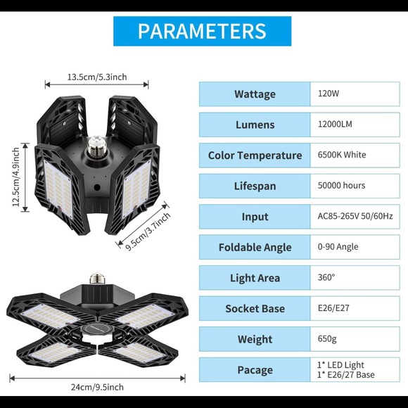 LED Garage Light, 120W 4 Leaf Ceiling Light - Picture 4 of 4